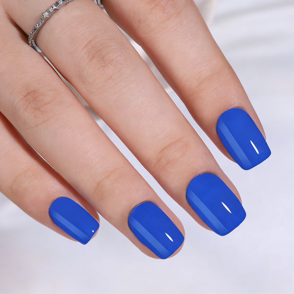 Short Square Solid Color Elegant Blue Gel Press Ons