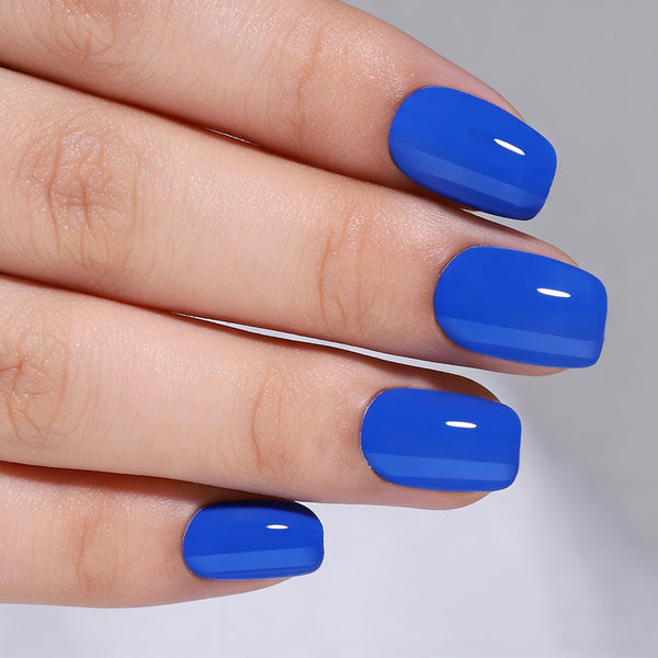 Short Square Solid Color Elegant Blue Gel Press Ons