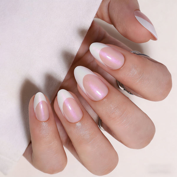 Short Almond French Pink Chrome Soft Gel Press Ons