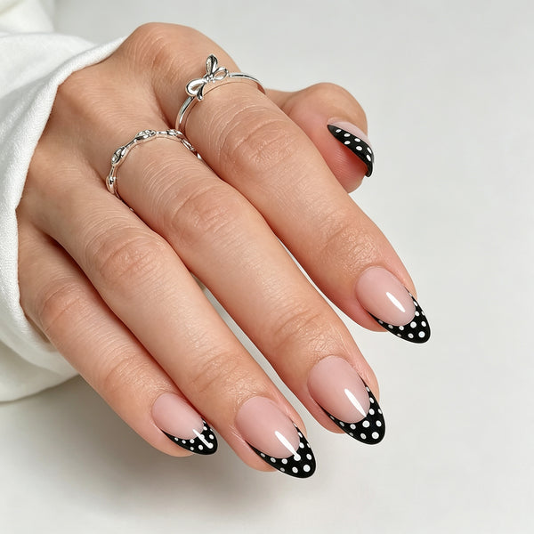 Short Almond Polka Dot French Tip Soft Gel Press Ons XNFS248-1