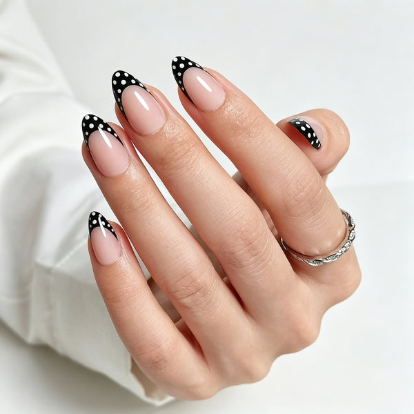 Short Almond Polka Dot French Tip Soft Gel Press Ons XNFS248-1