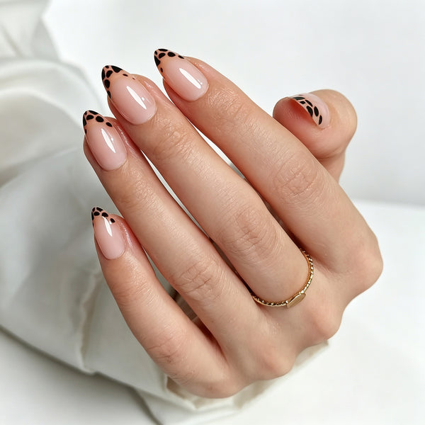 Short Almond Leopard French Tip Soft Gel Press Ons XNFS254