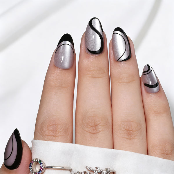Almond Medium Cat Eye Line Art Sliver Soft Gel Press Ons XNMY188