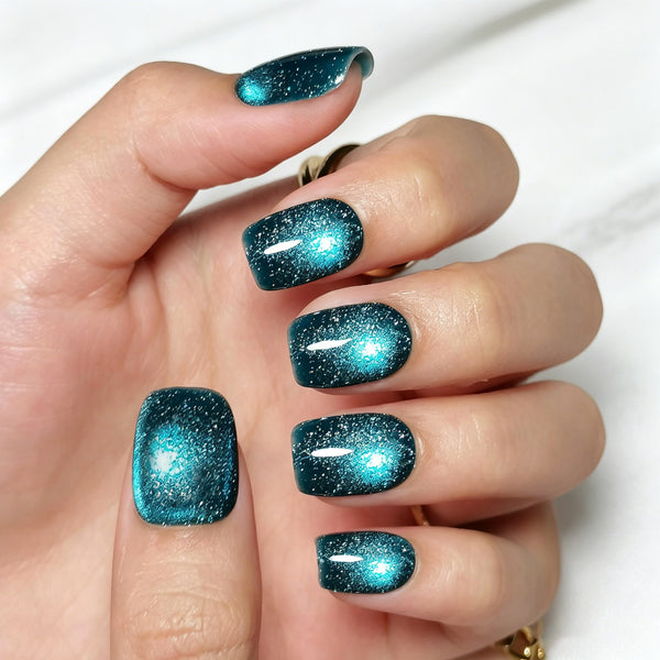 Square Cat Eye Blue Glitter Sparkle Soft Gel Press Ons XNMY250