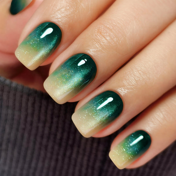 Square Medium Ombre French Glitter Green Soft Gel Press Ons XNMY272