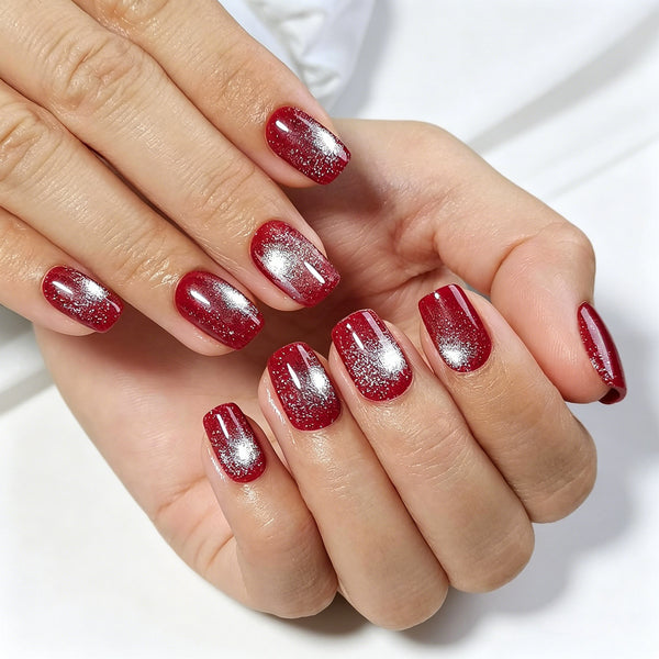 Square Cat Eye Red Glitter Sparkle Soft Gel Press Ons XNMY304
