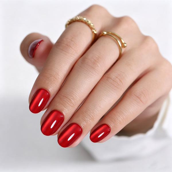 Oval Medium Cat Eye Red Soft Gel Press Ons XNMY313