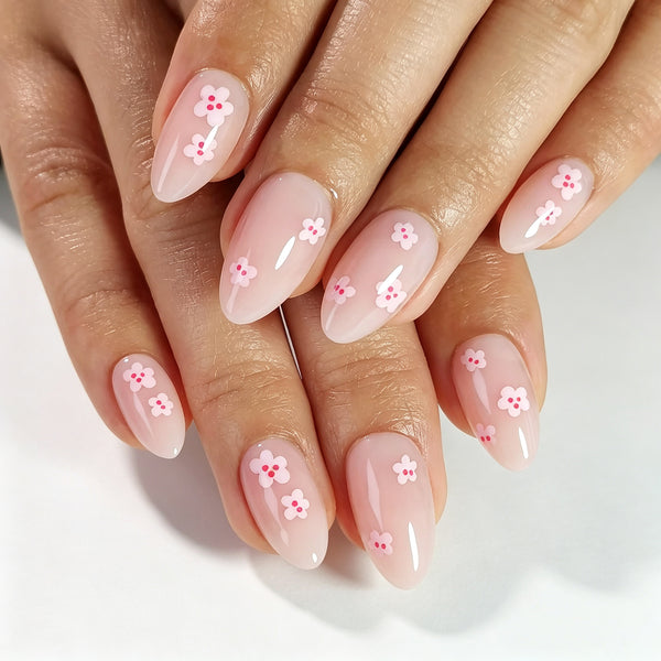 Almond Medium Nude Pink Flower Soft Gel Press Ons XNPH1988