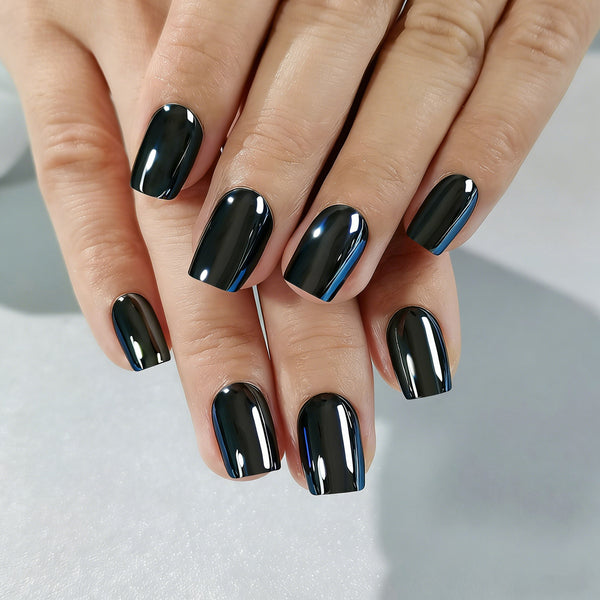 Short Square Solid Color Chrome Black Soft Gel Press Ons