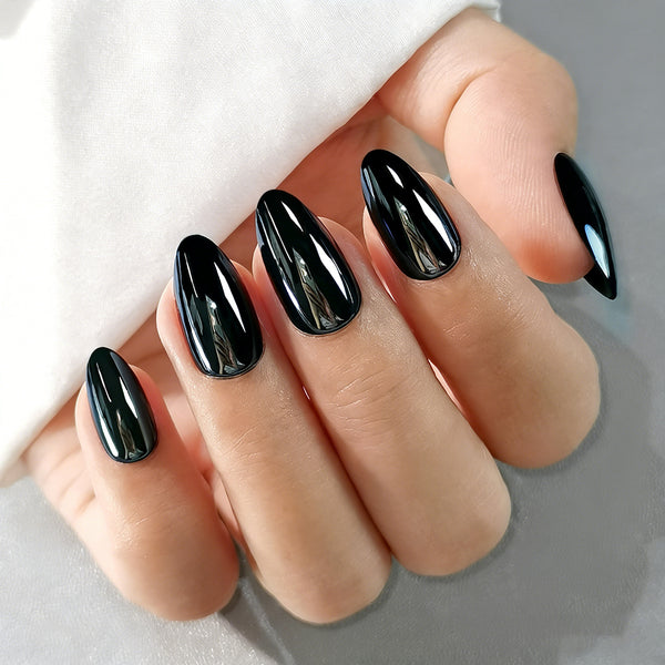 Almond Medium Solid Color Chrome Black Soft Gel Press Ons