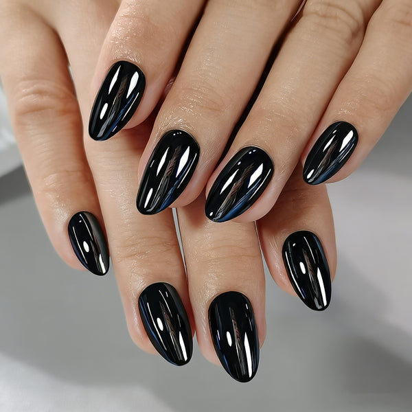 Almond Medium Solid Color Chrome Black Soft Gel Press Ons