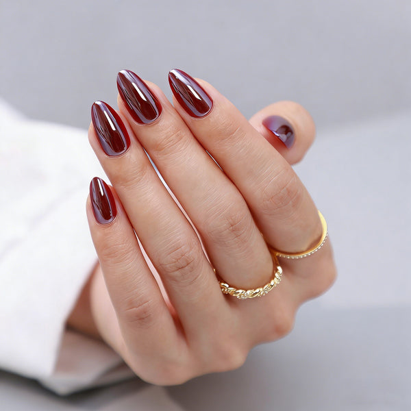 Almond Medium Solid Color Chrome Red Soft Gel Press Ons