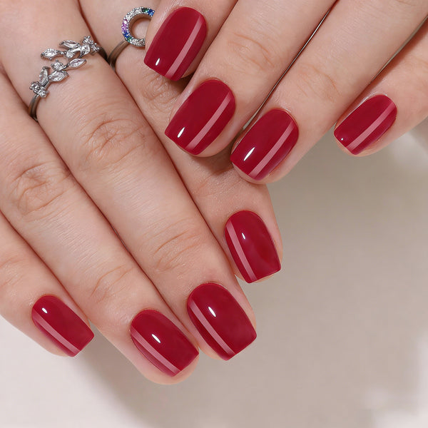 Short Square Solid Color Wine Red Gel Press Ons