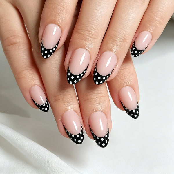 Short Almond Polka Dot French Tip Soft Gel Press Ons XNFS248-1