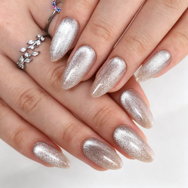 Long Almond Cat Eye Silver Crystal Soft Gel Press Ons XNMY040-2