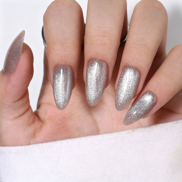 Long Almond Cat Eye Silver Crystal Soft Gel Press Ons XNMY040-2