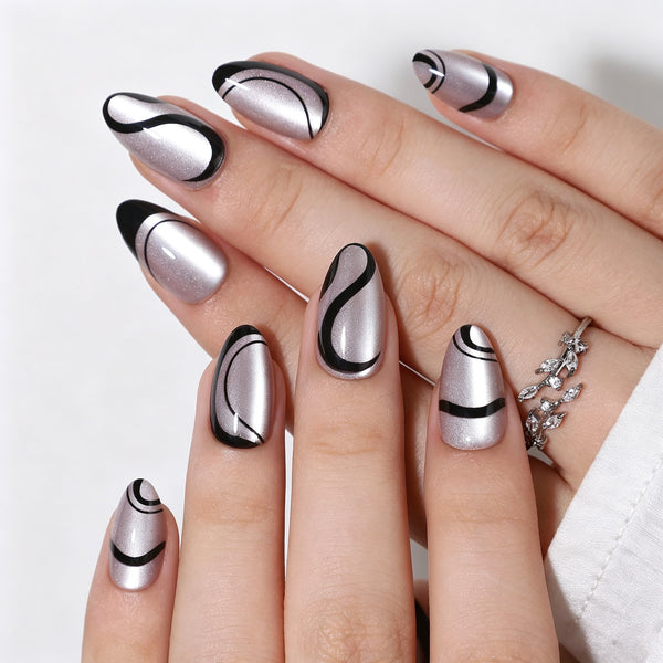Almond Medium Cat Eye Line Art Sliver Soft Gel Press Ons XNMY188