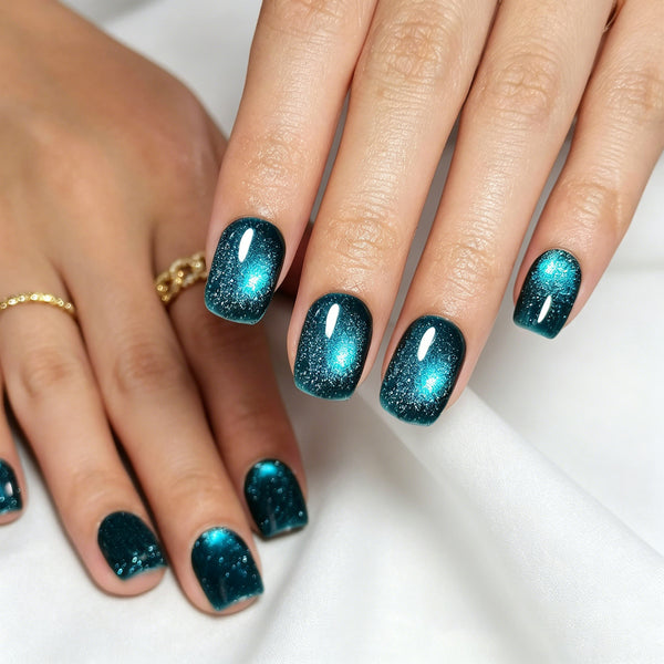 Square Cat Eye Blue Glitter Sparkle Soft Gel Press Ons XNMY250