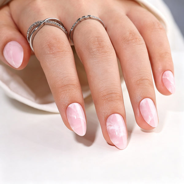 Almond Medium Pink Marble Soft Gel Press Ons XNPH1742