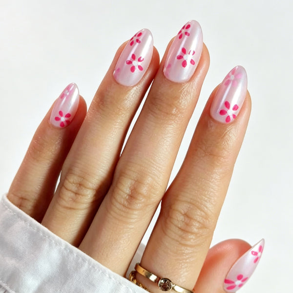 Almond Medium Pearl Pink Flower Soft Gel Press Ons XNPH1985