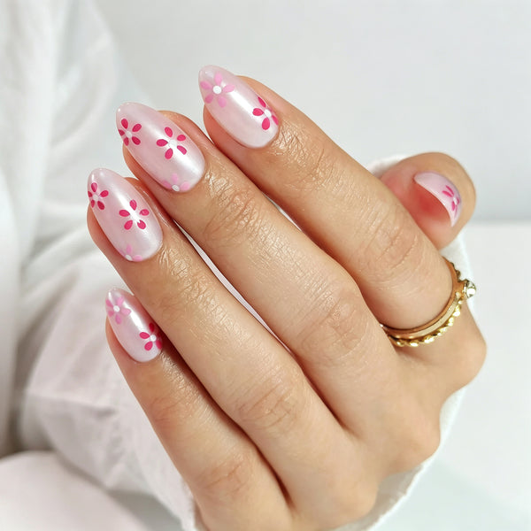 Almond Medium Pearl Pink Flower Soft Gel Press Ons XNPH1985