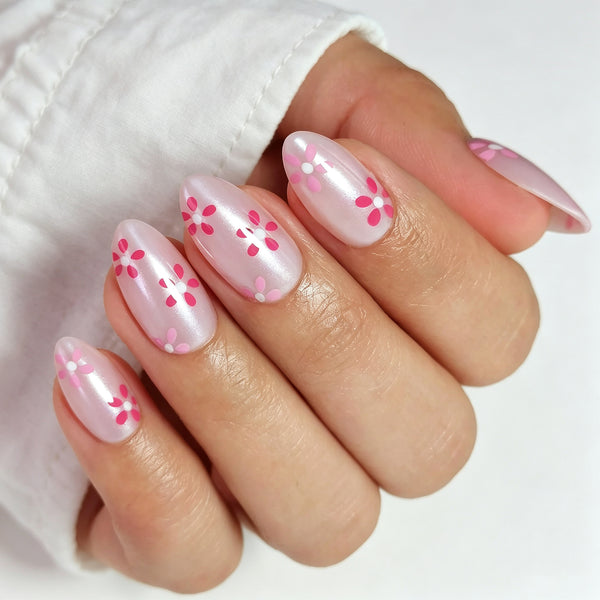 Almond Medium Pearl Pink Flower Soft Gel Press Ons XNPH1985