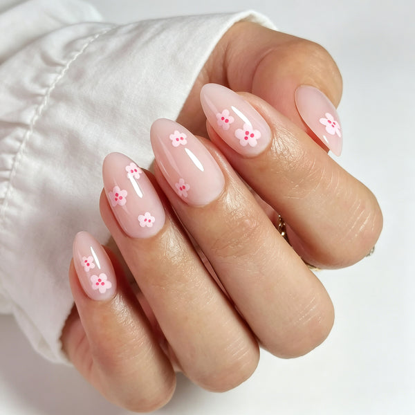 Almond Medium Nude Pink Flower Soft Gel Press Ons XNPH1988