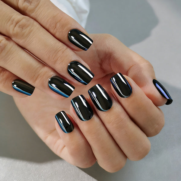 Short Square Solid Color Chrome Black Soft Gel Press Ons