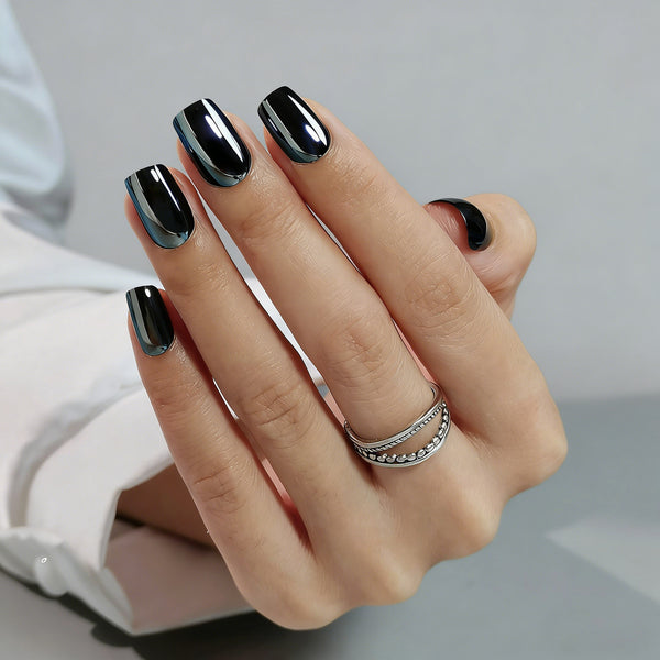 Short Square Solid Color Chrome Black Soft Gel Press Ons