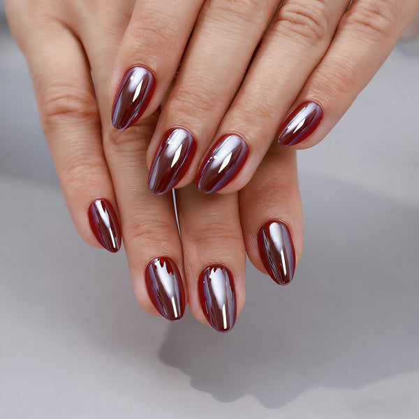 Almond Medium Solid Color Chrome Red Soft Gel Press Ons