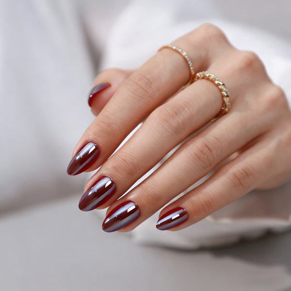 Almond Medium Solid Color Chrome Red Soft Gel Press Ons